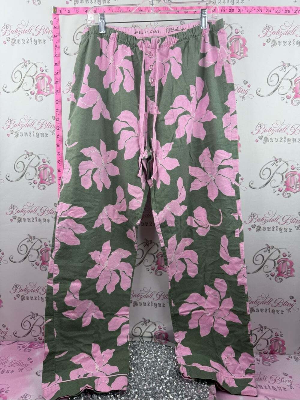 PJ Salvage pants Olive Pajama Pants with Pink Floral Print